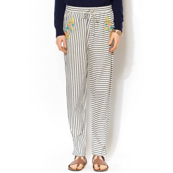 J.O.A. Urban Outfitters High Rise Striped Linen Embroidered Flower Pants Medium - Picture 1 of 11